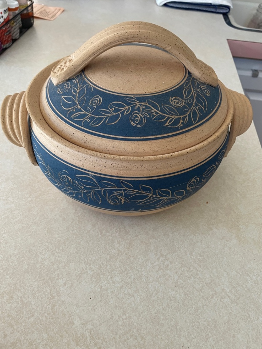 Signed 1981 Blue and Tan Decorative Lidded Stoneware Casserole